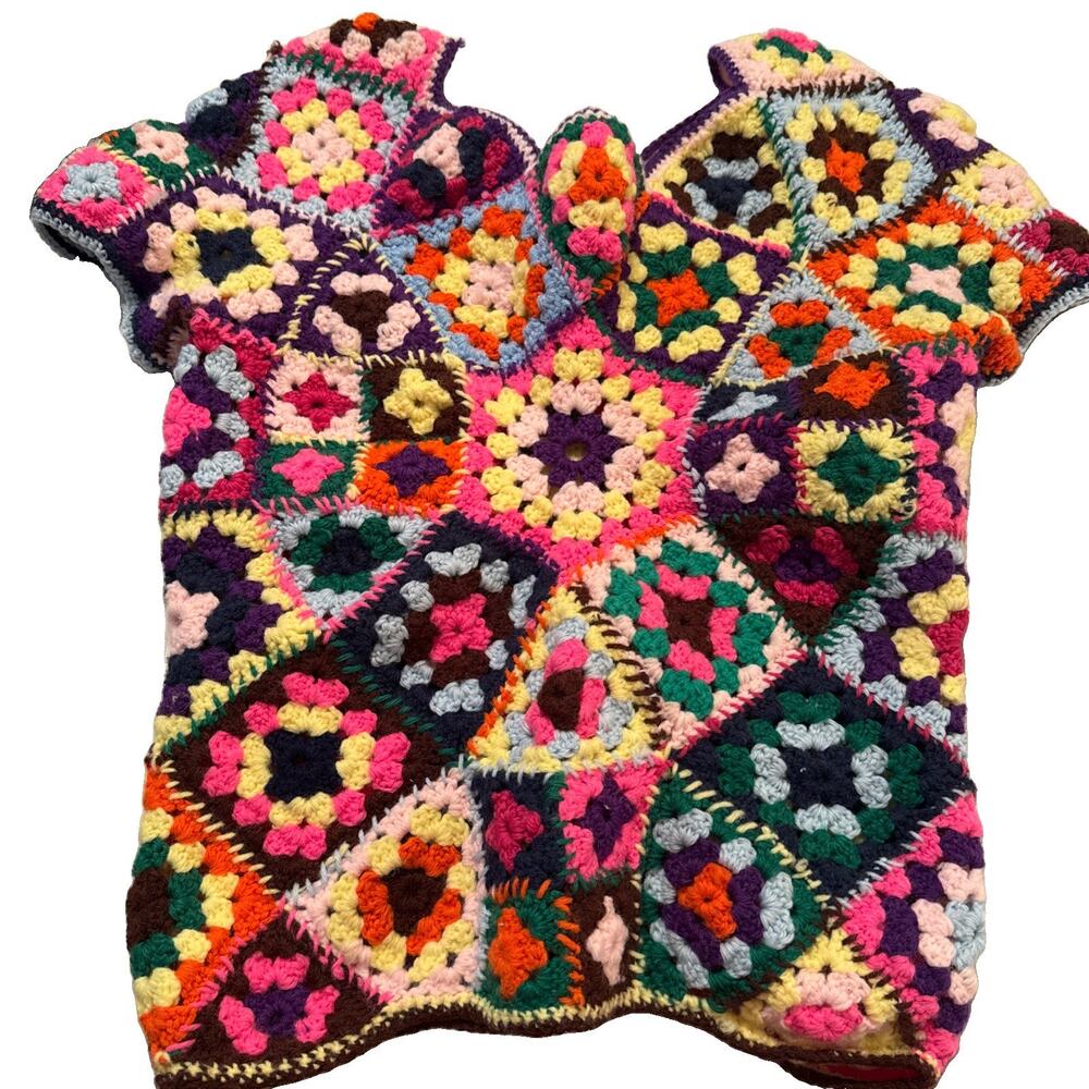 Homemade Colorful Rainbow Multicolor Crochet Short Sleeved Shirt Est Size Med